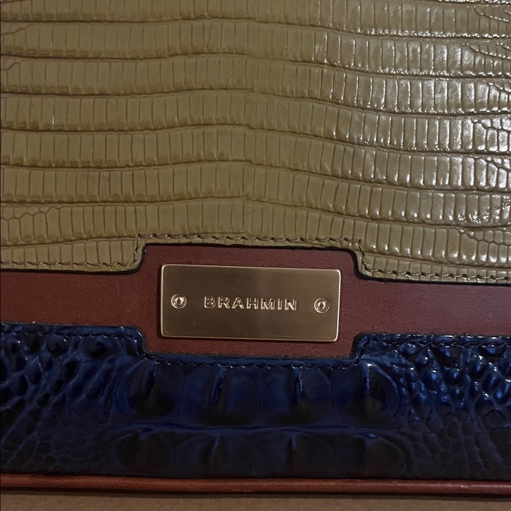 Brahmin Olive and Navy Embossed Shoulder Bag